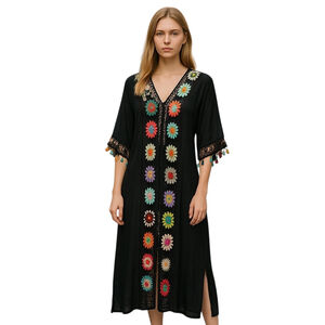 Odiva Long Flower Kimono Cardigan Colorful Crochet Tassel Vacation Boho Beach